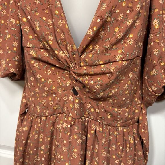 Altar’d State Danielyn Dress Womens L Brown Floral Cottagecore Puff Sleeve Boho - Picture 2 of 10